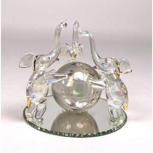 3 Hand Blown Glass Elephants on Globe Figurine Blue Rhinestone Eyes Mirror Base